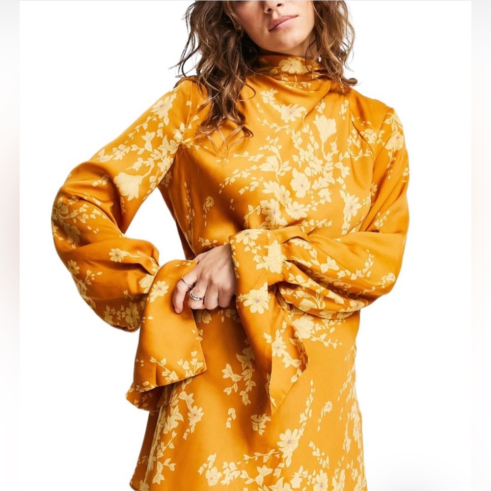 Free People Mustard Yellow Floral Long Sleeve Mini Dress
